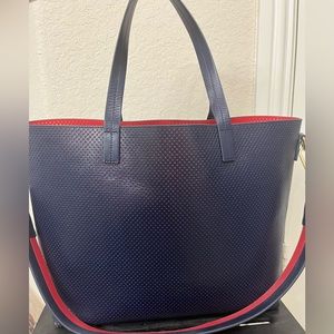 Navy blue leather perforated tote Mark & Graham